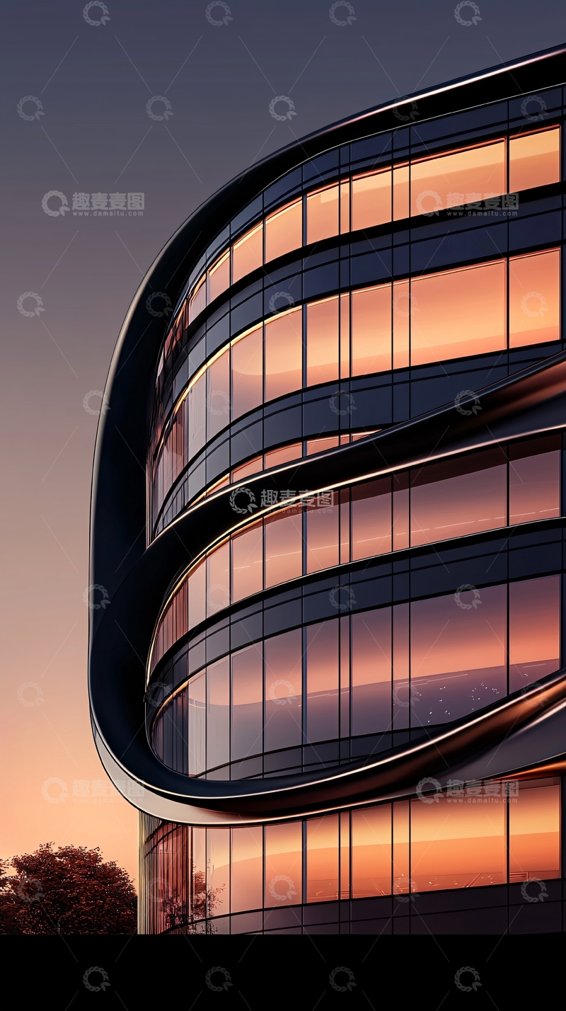 高清大图下载【趣麦麦图】现代弧形玻璃建筑夜景