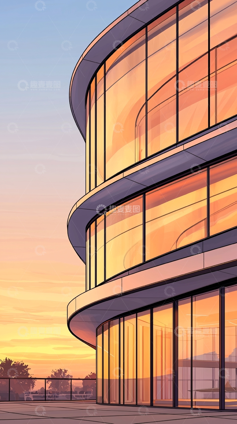 高清大图下载【趣麦麦图】夕阳下的现代弧形建筑