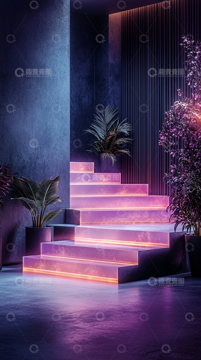 高清大图下载【趣麦麦图】现代楼梯灯光植物装饰