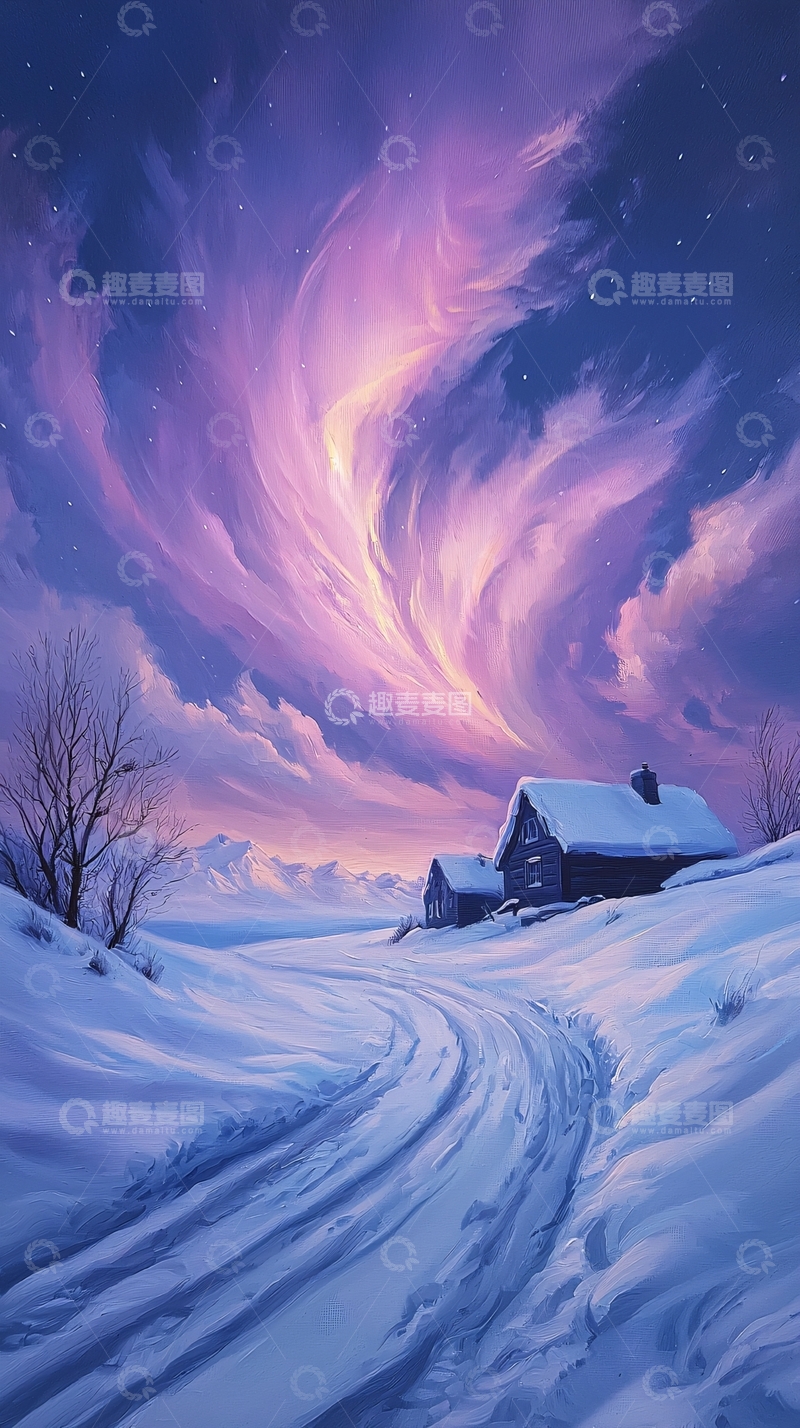 高清大图下载【趣麦麦图】冬夜雪景小屋