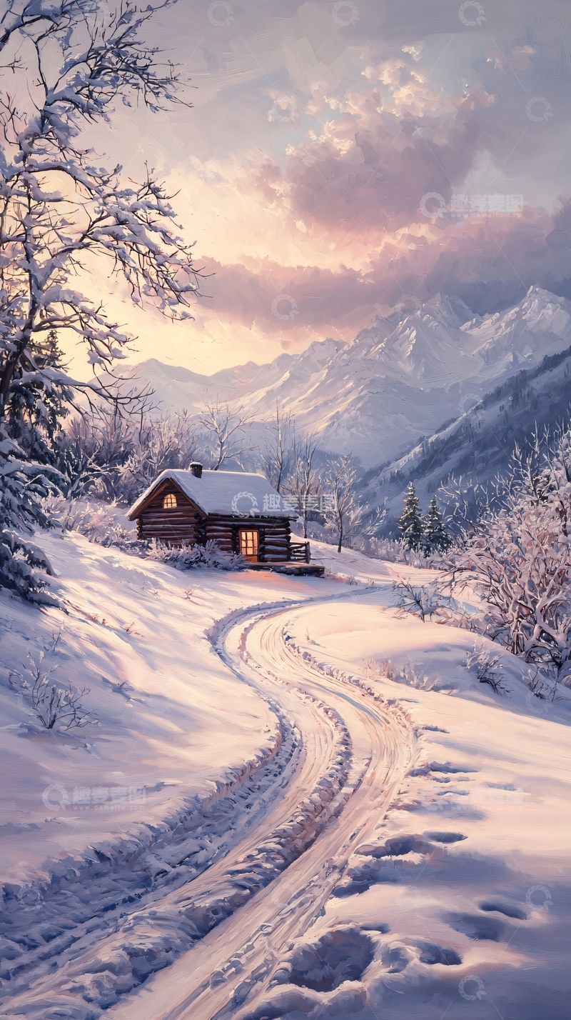 高清大图下载【趣麦麦图】冬日雪景中的小木屋