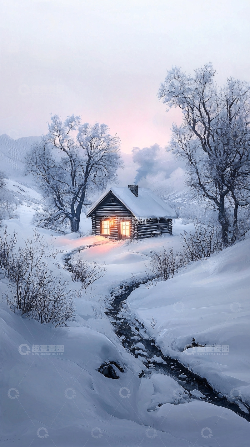 高清大图下载【趣麦麦图】冬日雪景中的小木屋