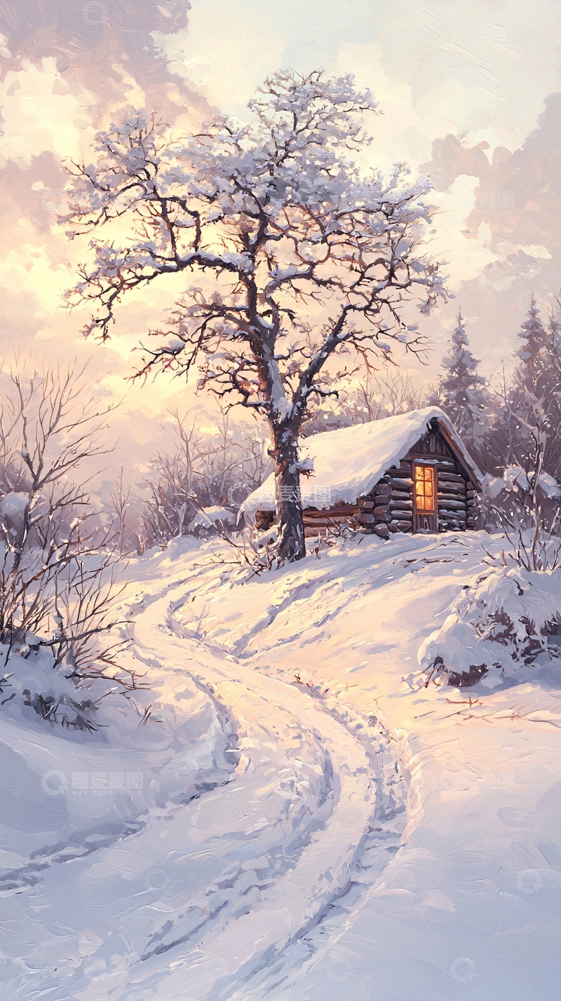 高清大图下载【趣麦麦图】冬日雪景中的小木屋