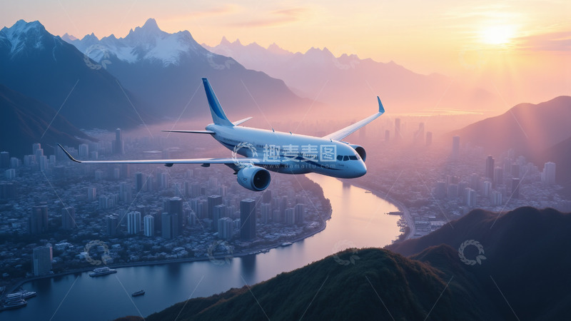 高清大图下载【趣麦麦图】傍晚飞机飞行在河流城市上空