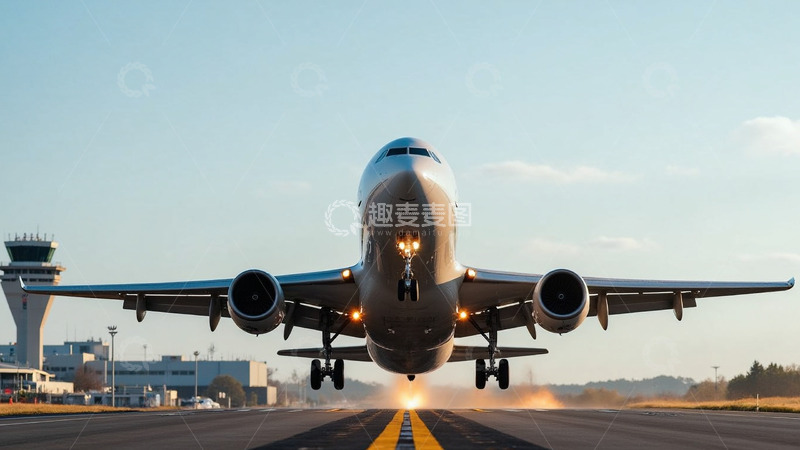 高清大图下载【趣麦麦图】飞机客机正在跑道上起飞的场景正视图