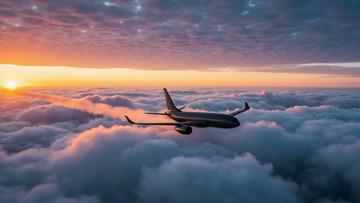 傍晚飞机客机飞行在昏黄下的天空之中