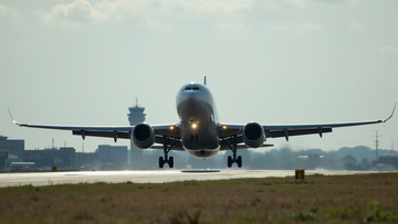 飞机客机正在跑道上起飞的场景
