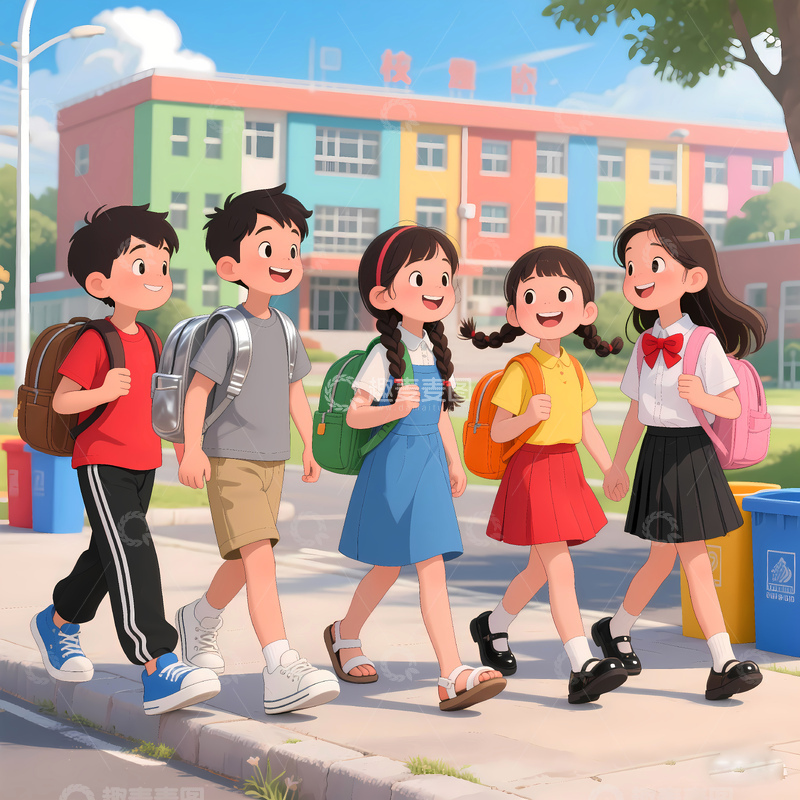 卡通小学生上学