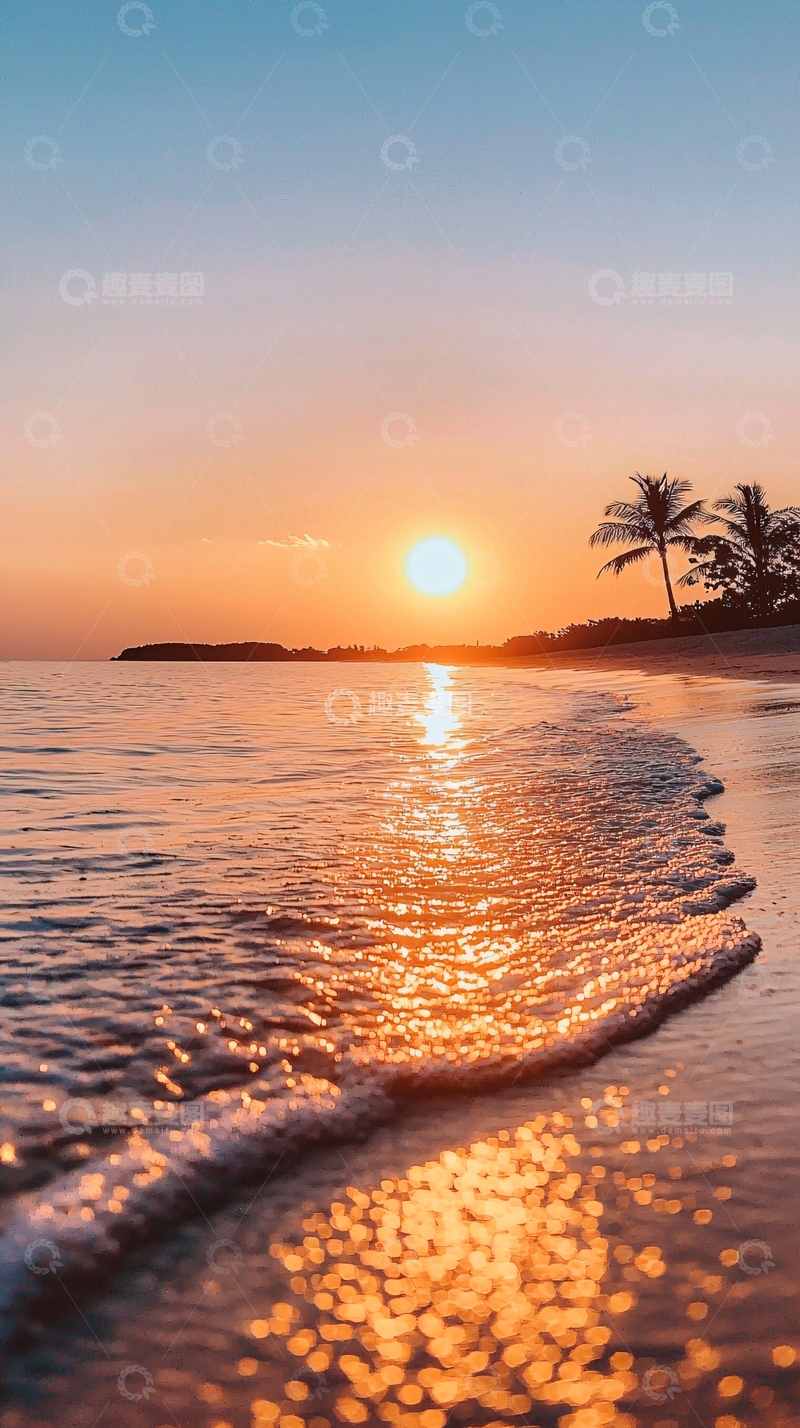 高清大图下载【趣麦麦图】夕阳海滩椰树沙滩