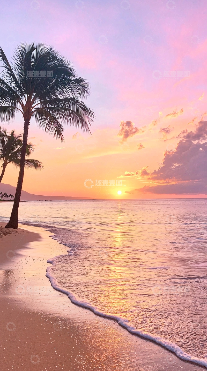 高清大图下载【趣麦麦图】日落海滩椰树风景