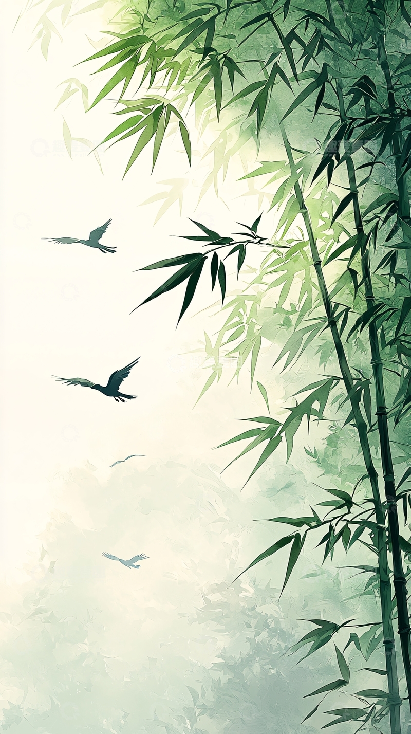 高清大图下载【趣麦麦图】竹林飞鸟自然风景图