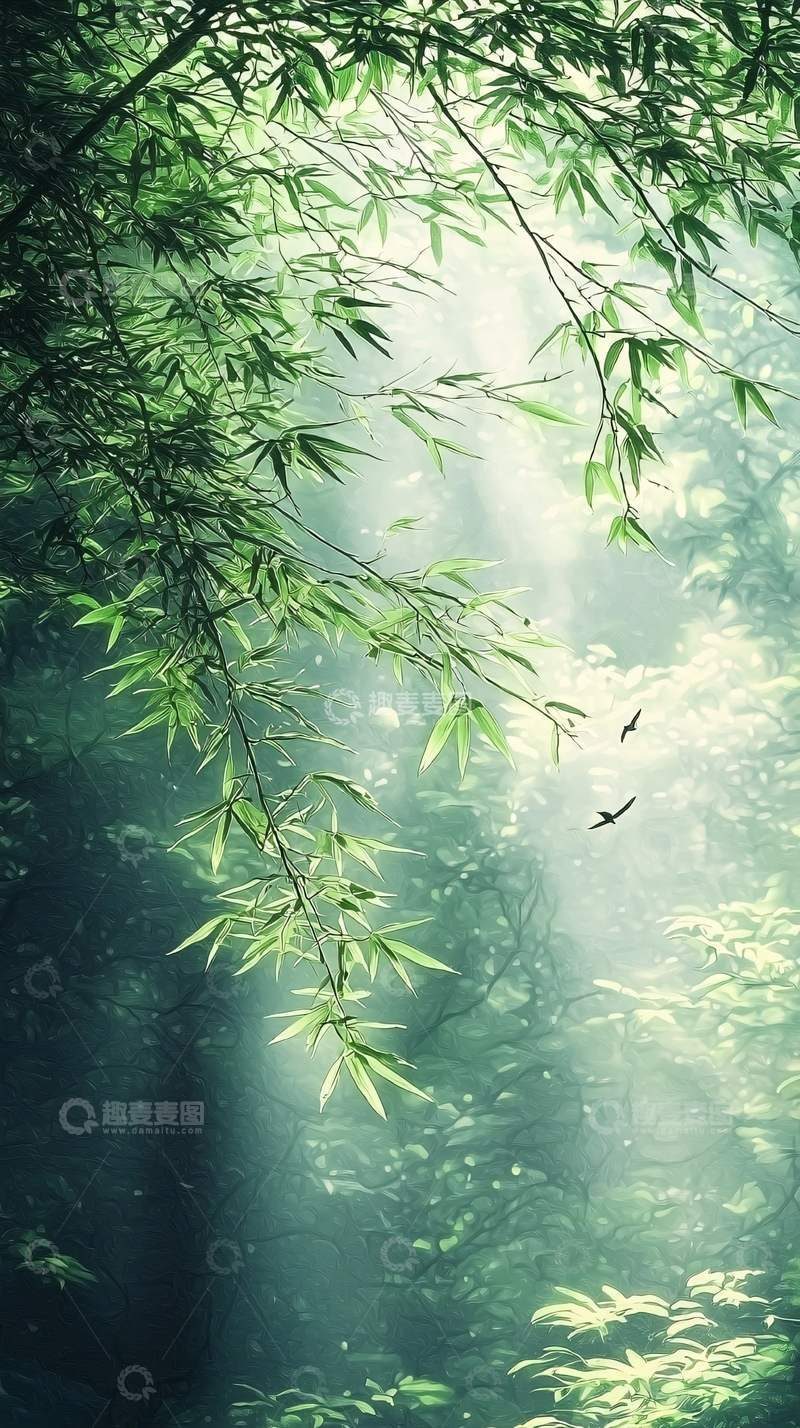 高清大图下载【趣麦麦图】竹林深处鸟儿飞