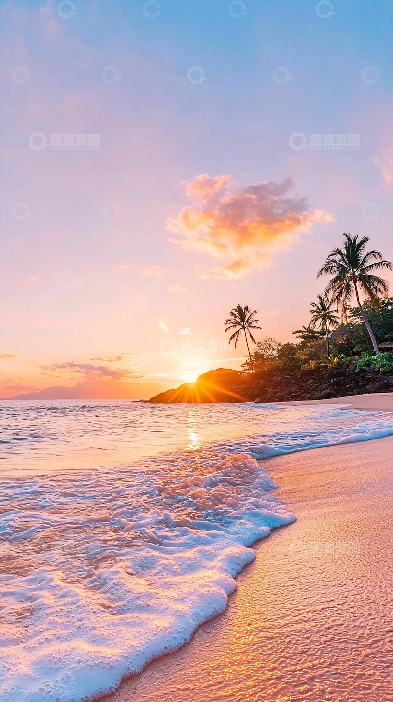 高清大图下载【趣麦麦图】日落海滩椰树风景