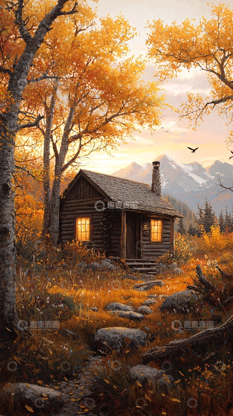 高清大图下载【趣麦麦图】秋日山间小屋风景