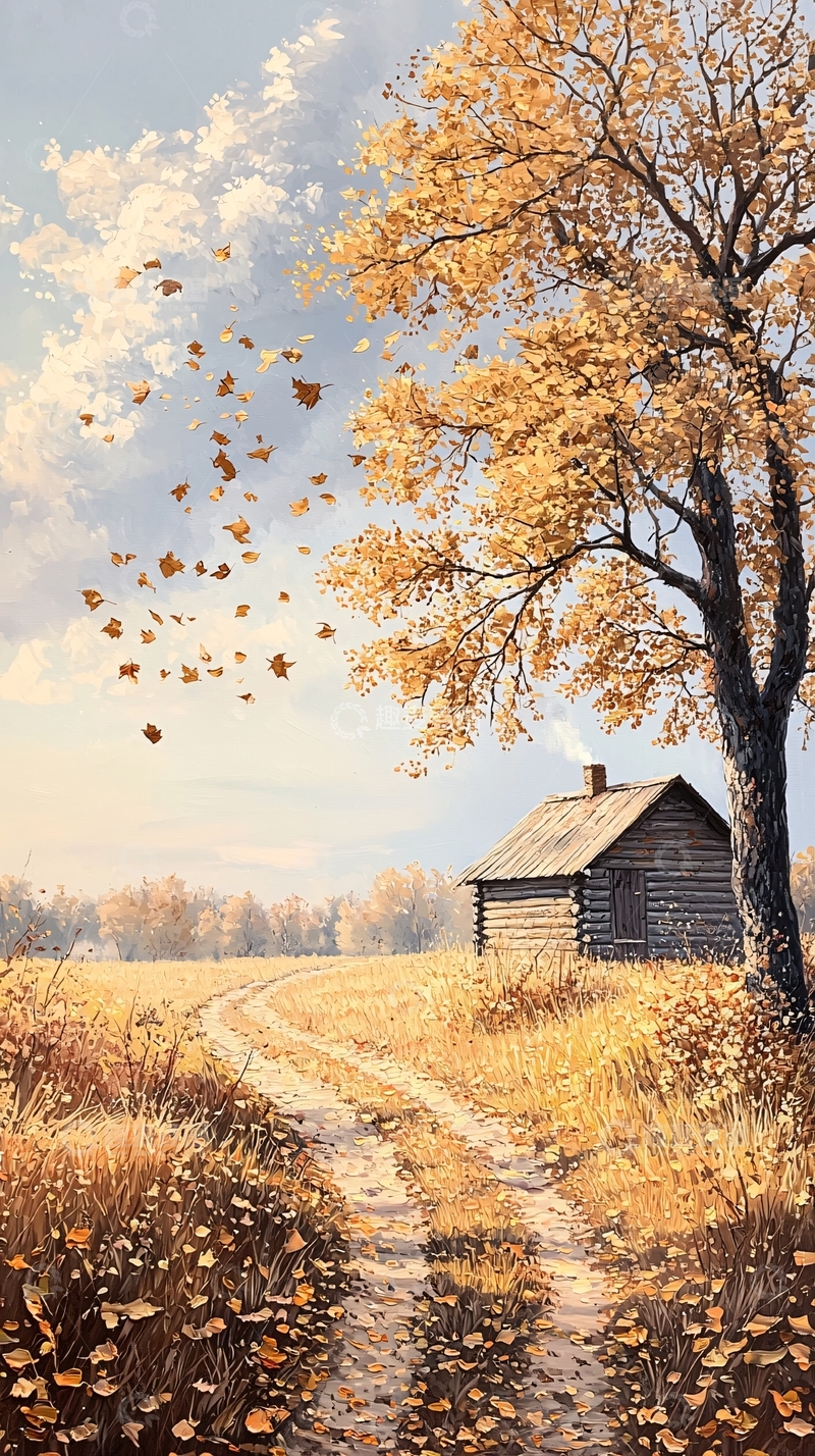 高清大图下载【趣麦麦图】秋日小屋与落叶风景