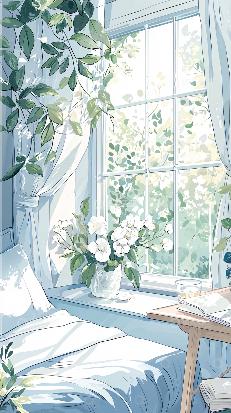 高清大图下载【趣麦麦图】窗边的花与阳光