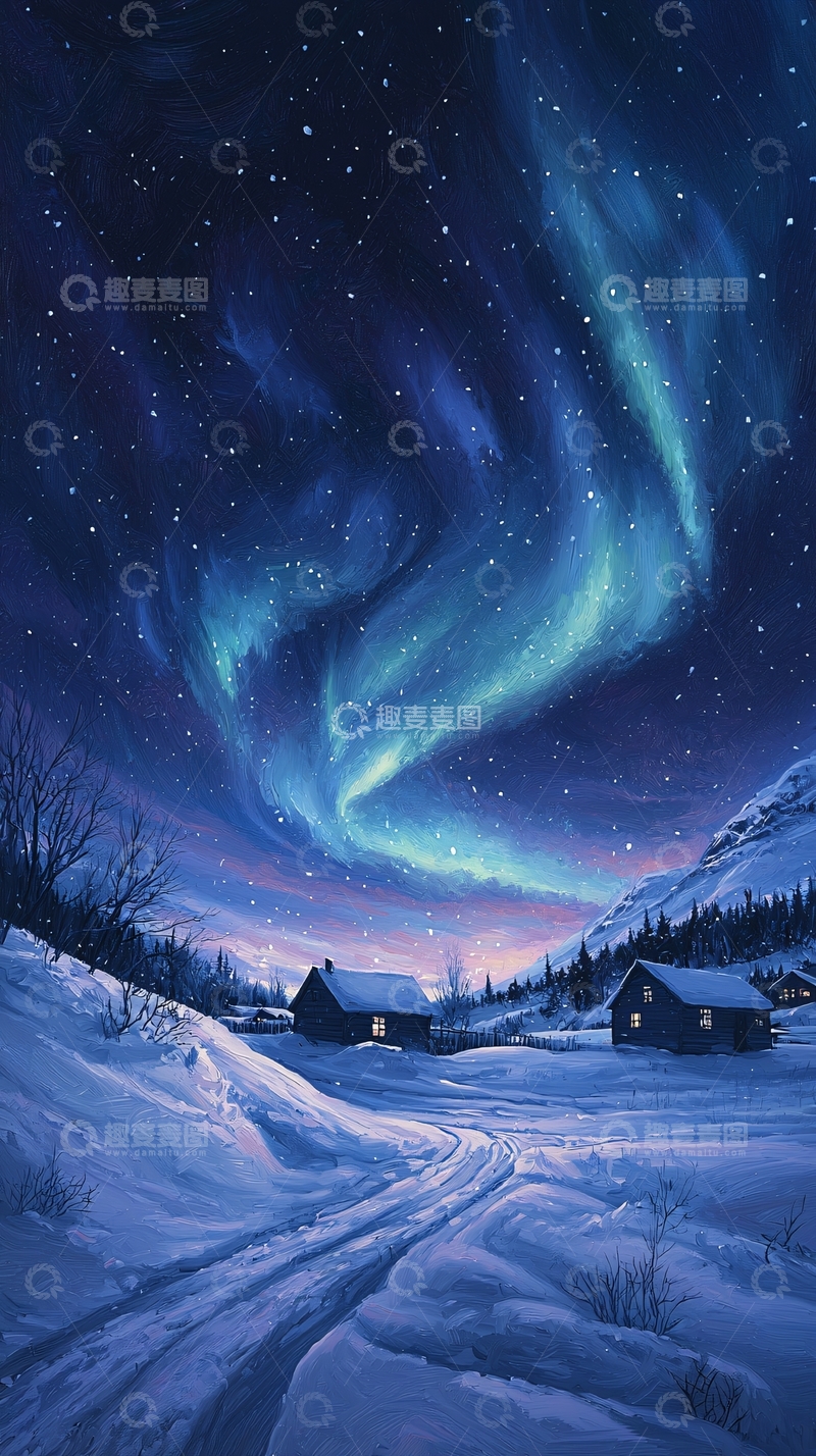 高清大图下载【趣麦麦图】冬夜极光下的雪乡