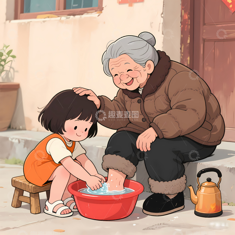 高清大图下载【趣麦麦图】洗脚孝道关爱老人