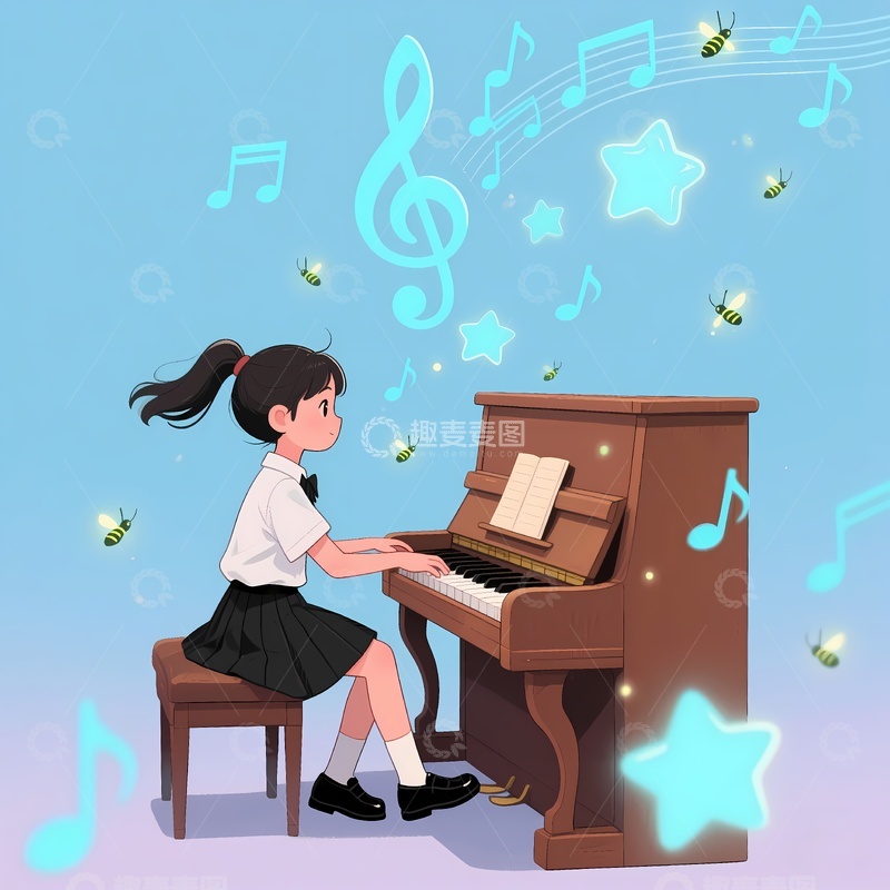 高清大图下载【趣麦麦图】弹钢琴的女孩