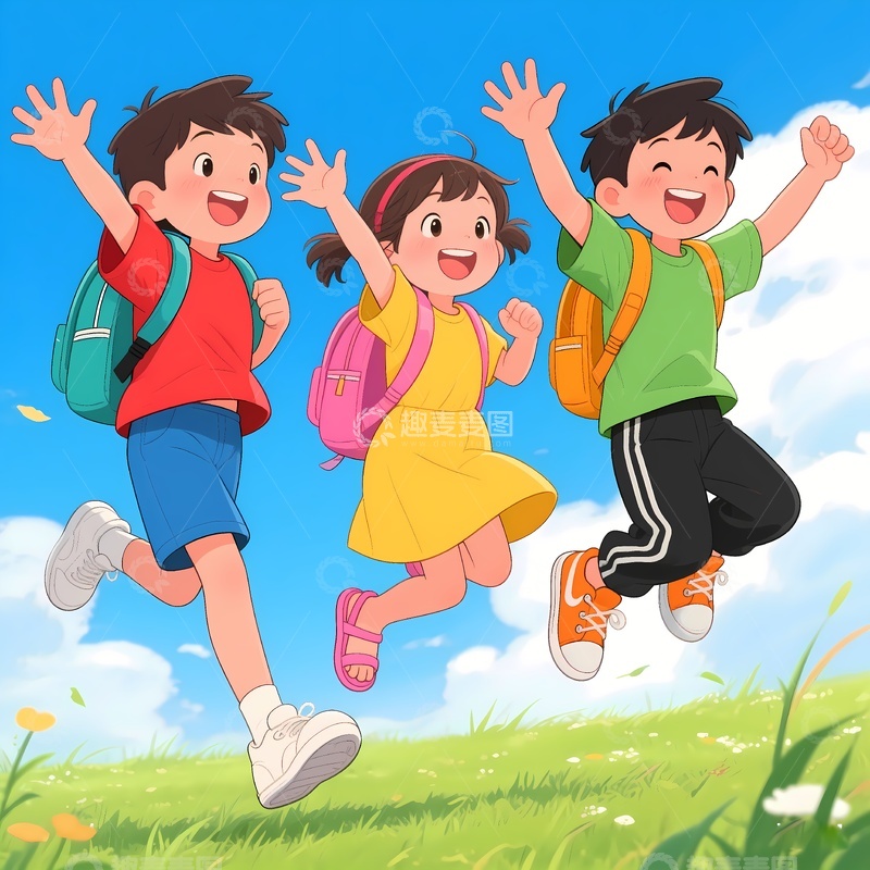 高清大图下载【趣麦麦图】童儿跳跃上学