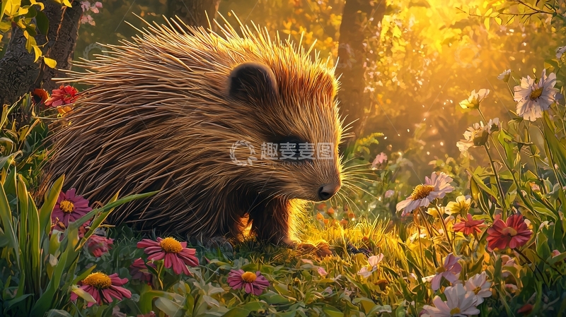高清大图下载【趣麦麦图】刺猬在花丛中漫步