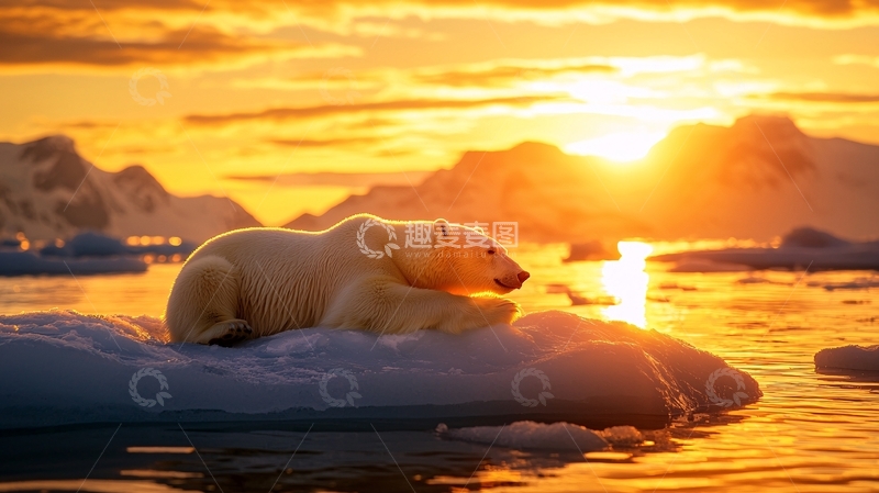 高清大图下载【趣麦麦图】北极熊日落冰川休息场景