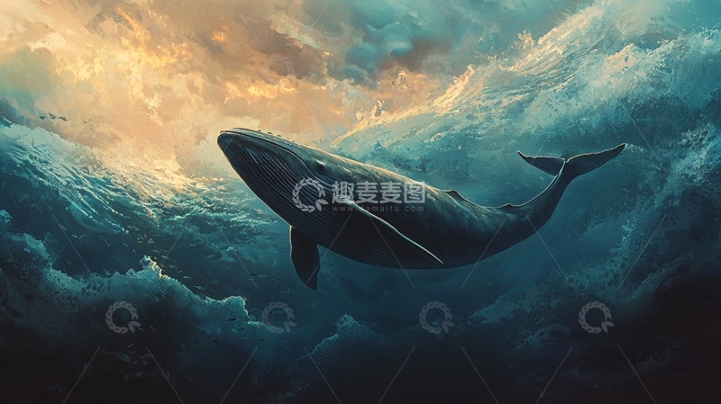 高清大图下载【趣麦麦图】深海巨鲸与波涛