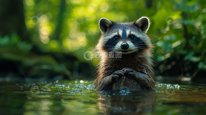 高清大图下载【趣麦麦图】浣熊在水中探索自然风光