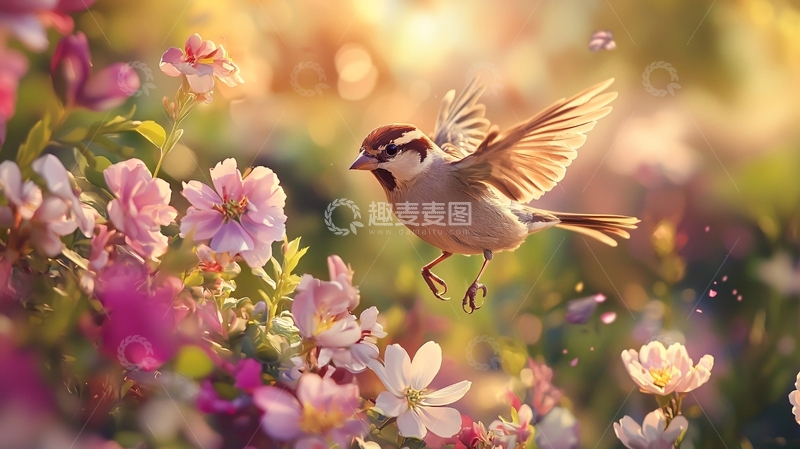 高清大图下载【趣麦麦图】春天花丛中的小鸟