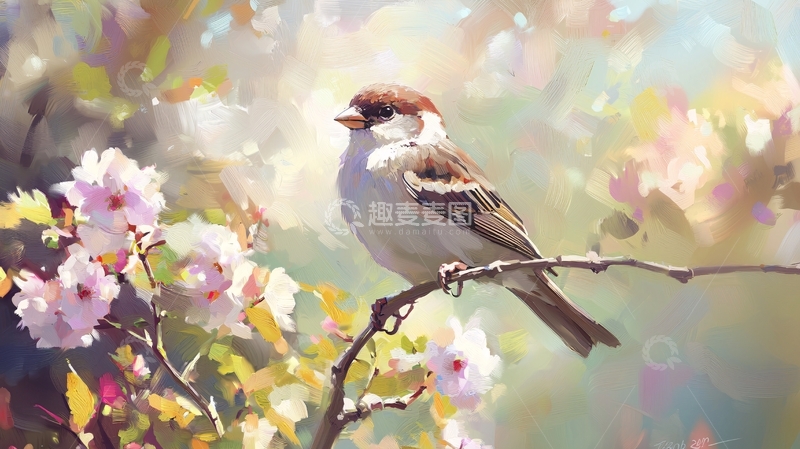 高清大图下载【趣麦麦图】春天的鸟与樱花