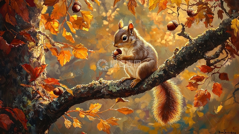 高清大图下载【趣麦麦图】秋日松鼠与橡果