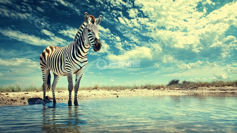 高清大图下载【趣麦麦图】斑马在水边饮水