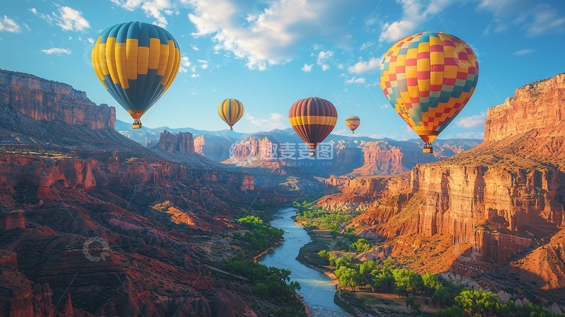 高清大图下载【趣麦麦图】高山峡谷中的热气球探险