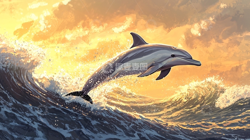 高清大图下载【趣麦麦图】海豚跃出水面的夕阳美景