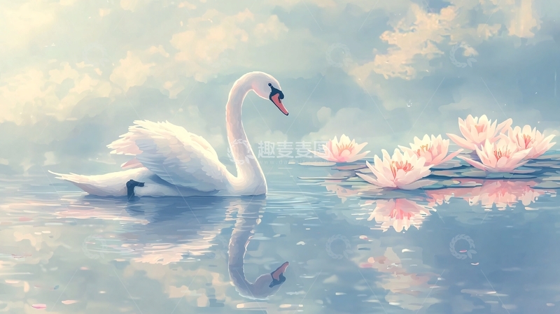 高清大图下载【趣麦麦图】白鹅与睡莲的宁静湖面