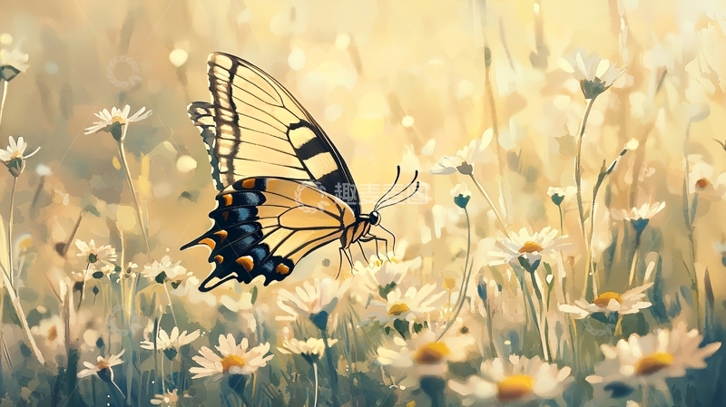 高清大图下载【趣麦麦图】蝴蝶与雏菊的梦幻花园