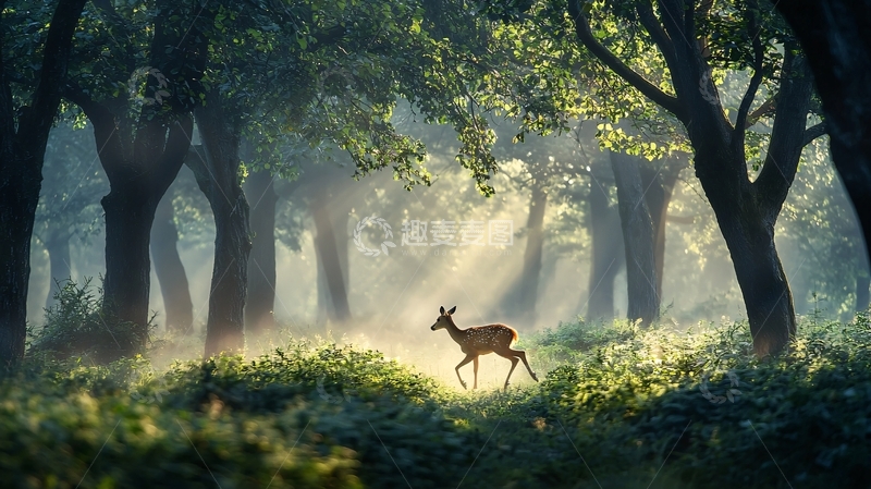 高清大图下载【趣麦麦图】晨光中的森林小鹿