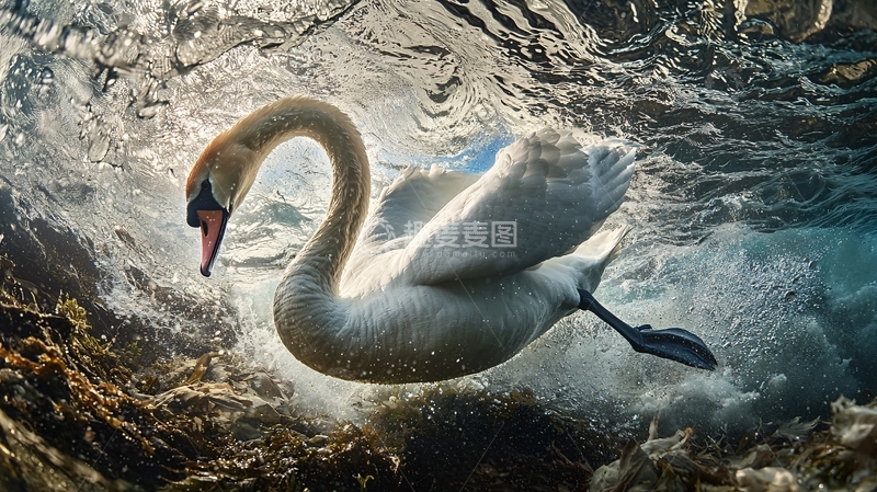 高清大图下载【趣麦麦图】水下天鹅飞翔场景