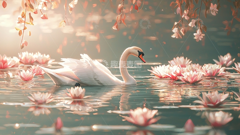 高清大图下载【趣麦麦图】白鹅与睡莲的宁静湖面