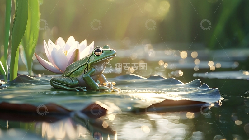 高清大图下载【趣麦麦图】荷叶上的青蛙与睡莲