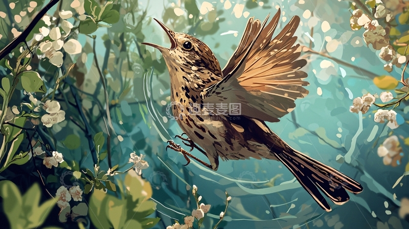 高清大图下载【趣麦麦图】-春天的鸟鸣与花海