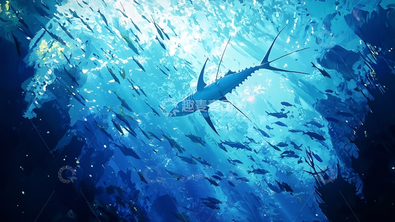 高清大图下载【趣麦麦图】深海鲨鱼与鱼群