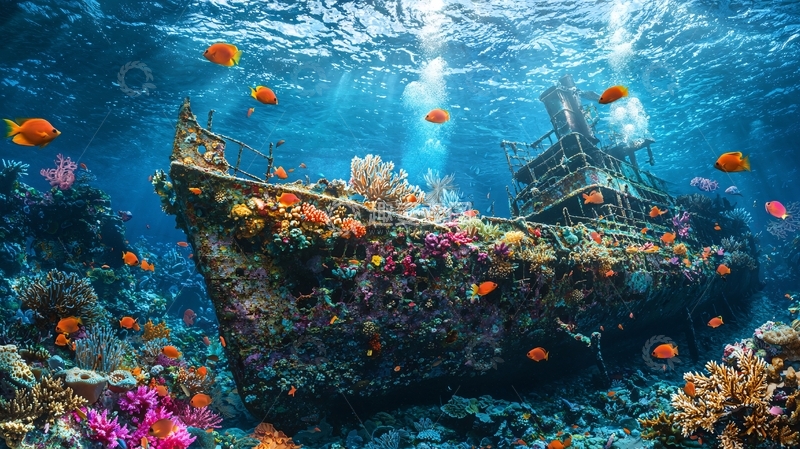 高清大图下载【趣麦麦图】海底沉船与珊瑚礁