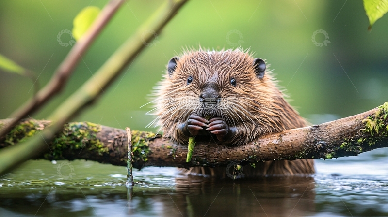 高清大图下载【趣麦麦图】水中吃草的河狸宝宝