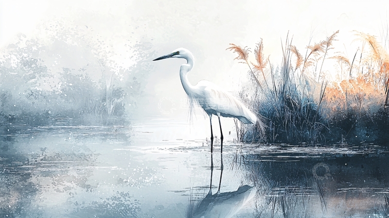 高清大图下载【趣麦麦图】晨雾中的白鹭