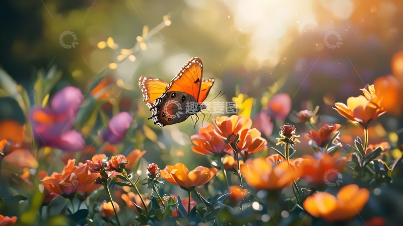 高清大图下载【趣麦麦图】蝴蝶与花海的梦幻景象