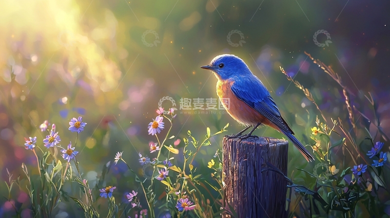 高清大图下载【趣麦麦图】蓝色鸟儿与野花的清晨