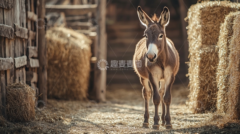 高清大图下载【趣麦麦图】小驴在谷仓里的温馨场景