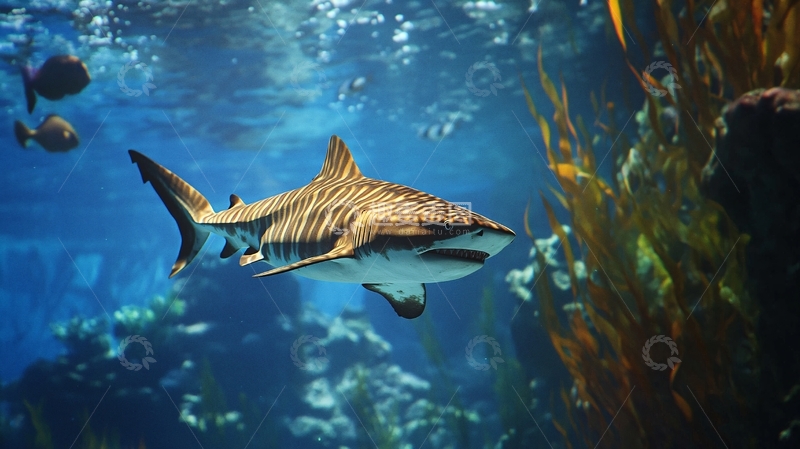 高清大图下载【趣麦麦图】深海鲨鱼与珊瑚礁