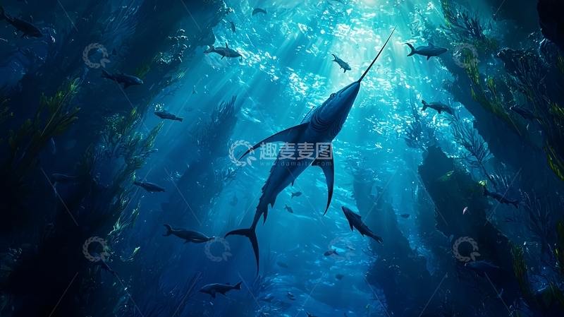 高清大图下载【趣麦麦图】深海鱼群与光束